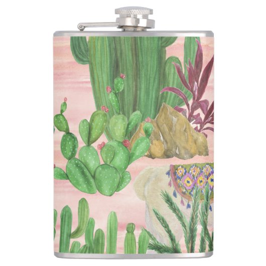 Waterverf lama's en cactussen. heupfles (Voorkant)