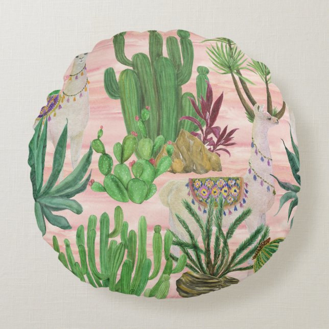 Waterverf lama's en cactussen. rond kussen (Voorkant)