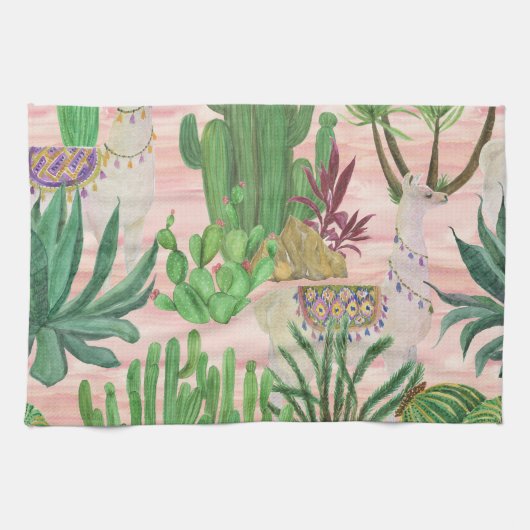 Waterverf lama's en cactussen. theedoek (Horizontaal)