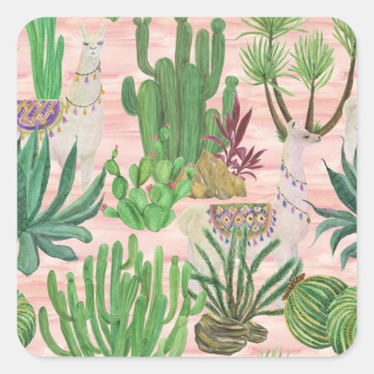 Waterverf lama's en cactussen. vierkante sticker (Voorkant)