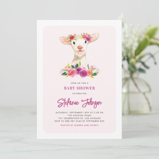 Waterverf Lamb en Purple Flowers Baby shower Kaart (Staand voorkant)