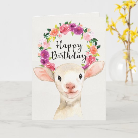 Waterverf Lamb Happy Birthday Kaart (Gele Bloem)