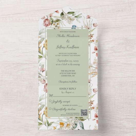 Waterverf Land Bloemen op Wijze met QR Code All In One Uitnodiging (Binnen)