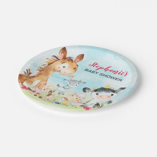Waterverf landbouwhuisdieren Baby shower Papieren Bordje (Gekanteld)