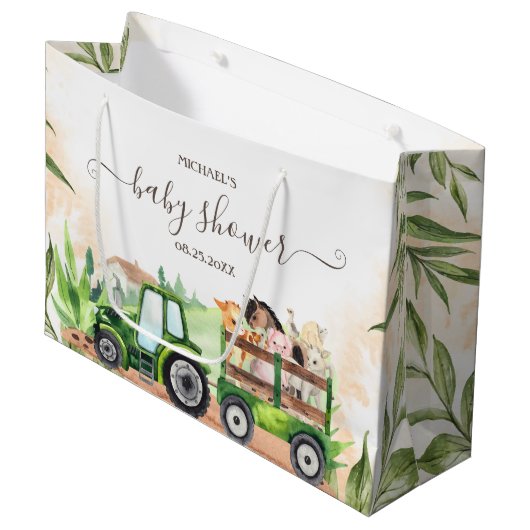 Waterverf Landdieren Tractor Baby shower Groot Cadeauzakje (Voorkant Gekanteld)