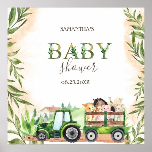 Waterverf Landdieren Tractor Baby shower Poster (Voorkant)