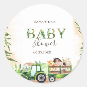 Waterverf Landdieren Tractor Baby shower Ronde Sticker