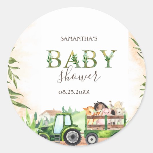 Waterverf Landdieren Tractor Baby shower Ronde Sticker (Voorkant)