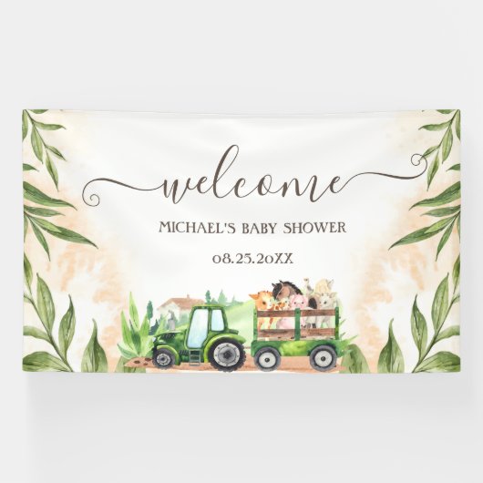 Waterverf Landdieren Tractor Baby shower Spandoek (Horizontaal)
