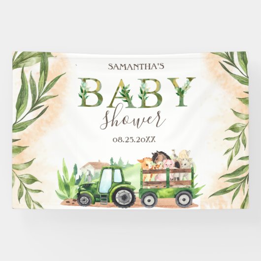 Waterverf Landdieren Tractor Baby shower Spandoek (Horizontaal)