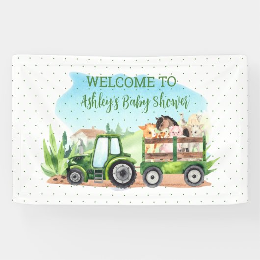 Waterverf Landdieren Tractor Baby shower Spandoek (Horizontaal)