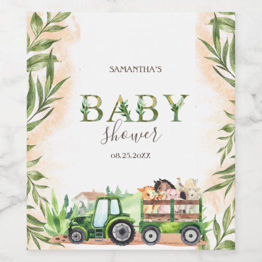 Waterverf Landdieren Tractor Baby shower Wijn Etiket (Enkel label)