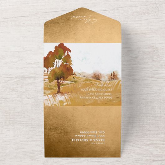 Waterverf Landscape Wedding Autumn Gold ID786 All In One Uitnodiging (Buitenkant)