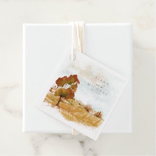 Waterverf Landscape Wedding Autumn Gold ID786 Bedankjes Labels (In situ)