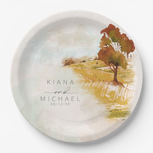 Waterverf Landscape Wedding Autumn Gold ID786 Papieren Bordje (Voorkant)