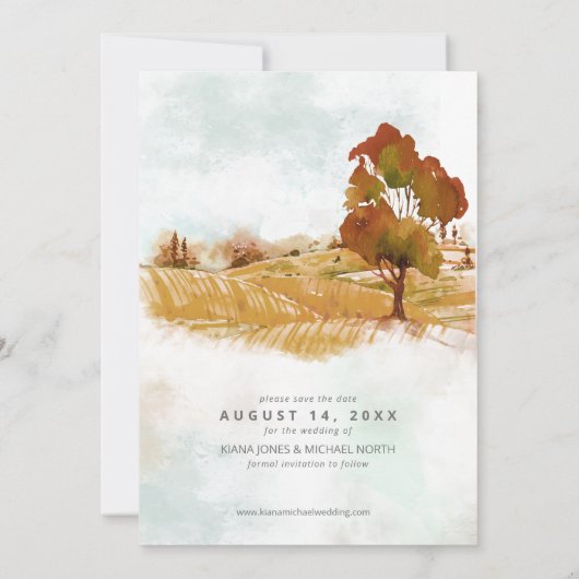 Waterverf Landscape Wedding Autumn Gold ID786 Save The Date (Achterkant)