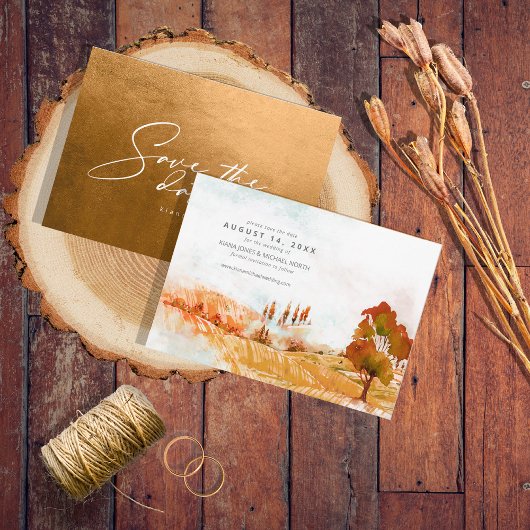 Waterverf Landscape Wedding Hrz Autumn Gold ID786 Save The Date