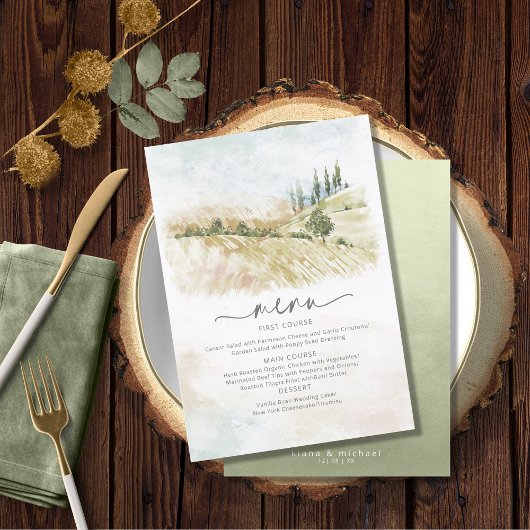 Waterverf Landscape Wedding Menu Sage Green ID786