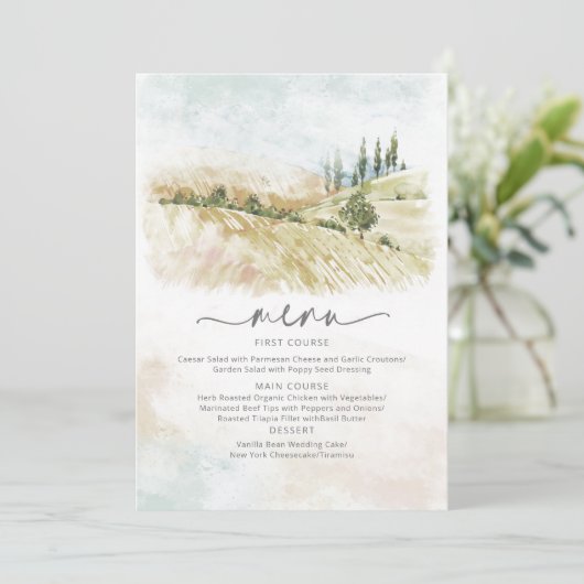 Waterverf Landscape Wedding Menu Sage Green ID786 (Staand voorkant)