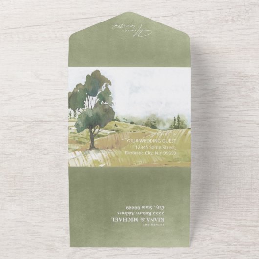 Waterverf Landscape Wedding Sage Green ID786 All In One Uitnodiging (Buitenkant)