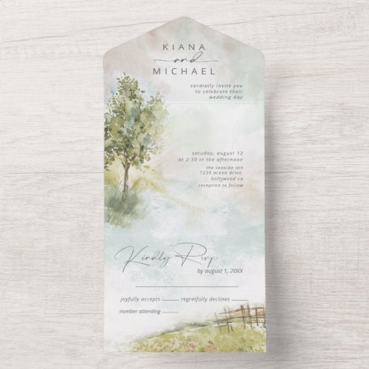 Waterverf Landscape Wedding Sage Green ID786 All In One Uitnodiging (Binnen)