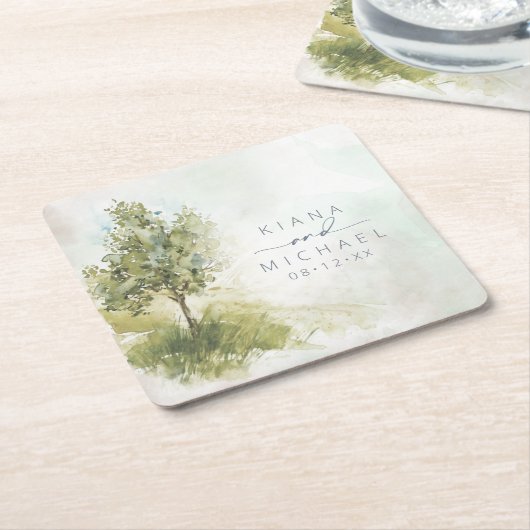 Waterverf Landscape Wedding Sage Green ID786 Squa Kartonnen Onderzetters (Schuin)