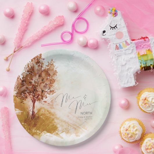 Waterverf Landschap De heer & mevrouw Autumn Gold  Papieren Bordje (Feest)