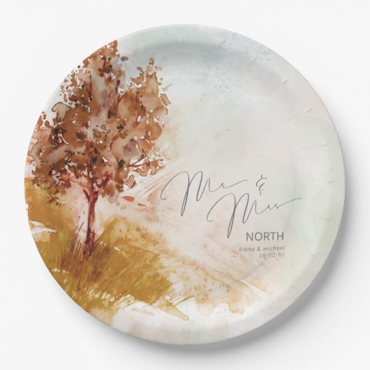 Waterverf Landschap De heer & mevrouw Autumn Gold  Papieren Bordje (Voorkant)