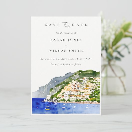 Waterverf landschap Elegant Amalfi Save The Date (Staand voorkant)