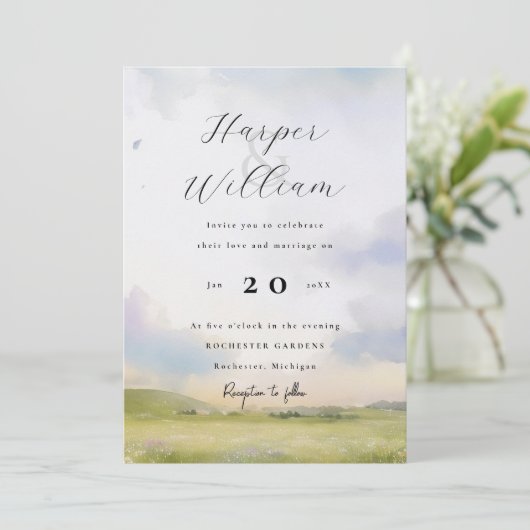 Waterverf Landschap en wolken huwelijksuitnodiging Kaart (Staand voorkant)