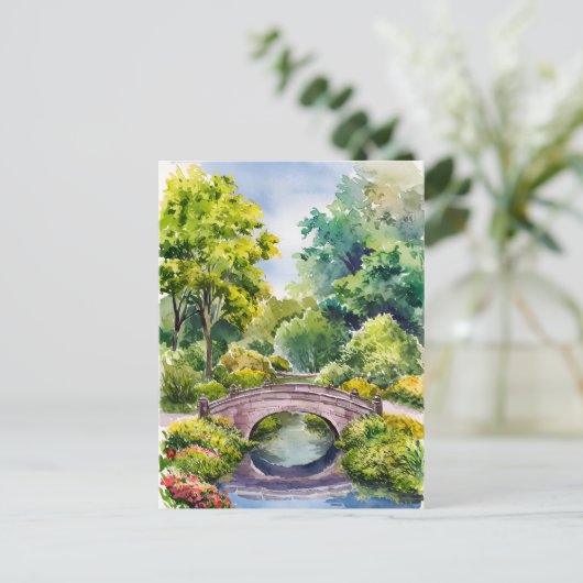 Waterverf landschap groene tuin brug meer briefkaart (Staand voorkant)