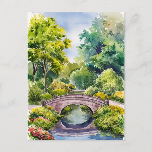 Waterverf landschap groene tuin brug meer briefkaart (Voorkant)