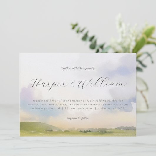 Waterverf landschap horizontaal bruiloft uitnodigi kaart (Staand voorkant)