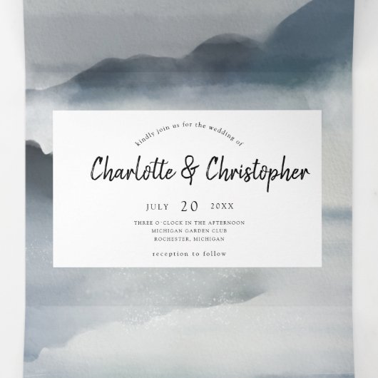 Waterverf Landschap Indigo Alles in één bruiloft Drieluik Uitnodiging (Binnenkant midden)