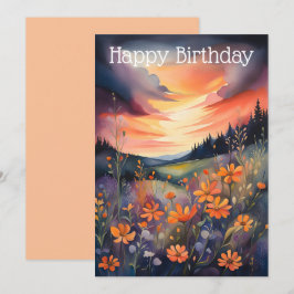 Waterverf Landschap met Buttercups en Zonsondergan Feestdagenkaart