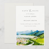 Waterverf landschap platteland meer dorp save the date (Voorkant / Achterkant)