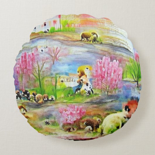 Waterverf Landschap Rond Kussen (Voorkant)