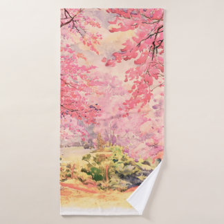 Waterverf, landschap, roze rode bloem, van W Badhanddoek