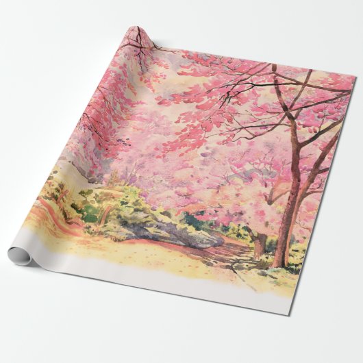 Waterverf, landschap, roze rode bloem, van W Cadeaupapier (Uitgerold)