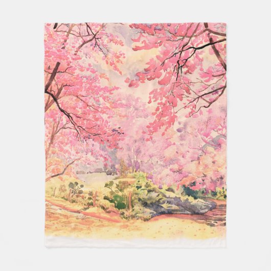 Waterverf, landschap, roze rode bloem, van W Fleece Deken (Voorkant)