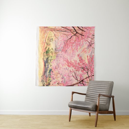 Waterverf, landschap, roze rode bloem, van W Wandkleed (In Situ (horizontaal))