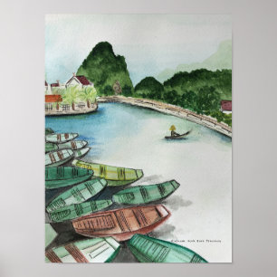 Waterverf landschap, Vietnam, Tam Coc Poster
