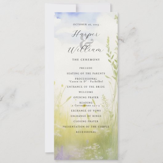 Waterverf landschap wilde bloemen bruiloft program kaart (Voorkant)
