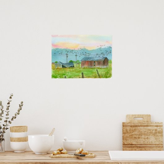Waterverf landschapskunst van de Rode Barn Poster (Keuken)