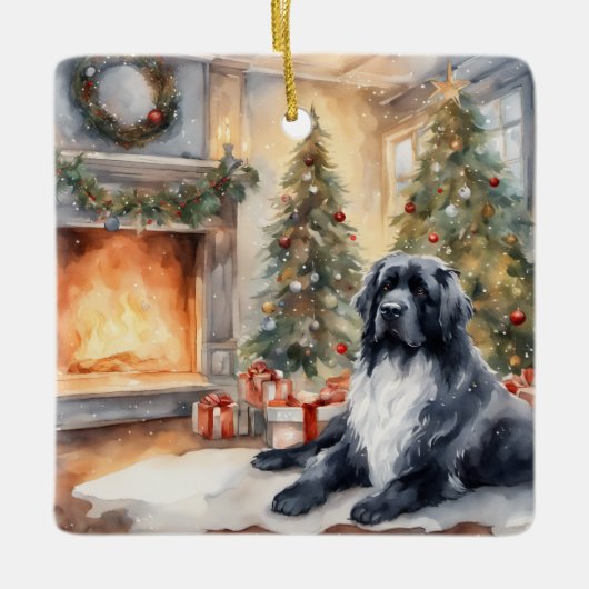 Waterverf Landseer Newf - Kerstscene Keramisch Ornament (Voorkant)