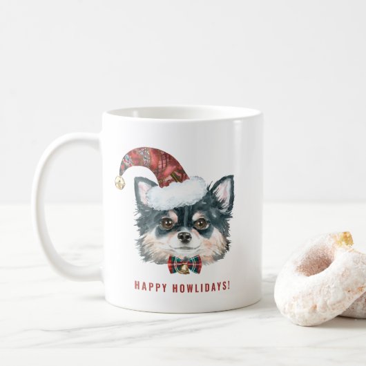 Waterverf Lange Haired Chihuahua Santa Christmas Koffiemok (Met donut)