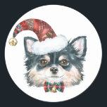 Waterverf Lange Haired Chihuahua Santa Christmas Ronde Sticker<br><div class="desc">Fijne feestdagen! Voeg een feestelijk accent toe aan uw kaarten,  uitnodigingen en enveloppen met deze aanpasbare vakantie sticker. Het beschikt over een waterverf langharige chihuahua met een kerstmuts. Personaliseer deze chihuahua vakantie sticker door uw gegevens toe te voegen. Dit hondenKerst sticker is verkrijgbaar op ander karton.</div>