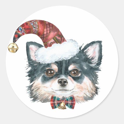 Waterverf Lange Haired Chihuahua Santa Christmas Ronde Sticker (Voorkant)
