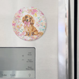 Waterverf Langharige Dachshund Pastel Bloemen Magneet