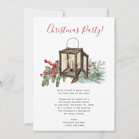 Waterverf lantaarn dennenbessen kerstfeest kaart (Voorkant)